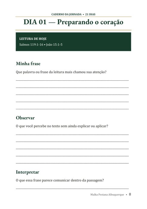 Página do Caderno da Jornada: Dia 1, com espaços para escrever Minha frase, Observar e Interpretar