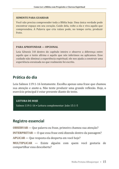 Página do livro com os quadros Semente para guardar, Para aprofundar, Prática do dia e Registro essencial