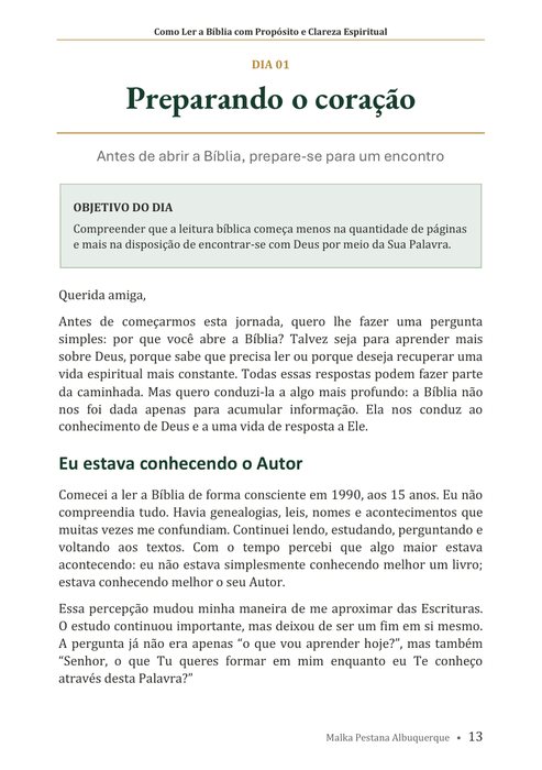 Página do livro: Dia 1, Preparando o coração, com o objetivo do dia e o texto da Malka